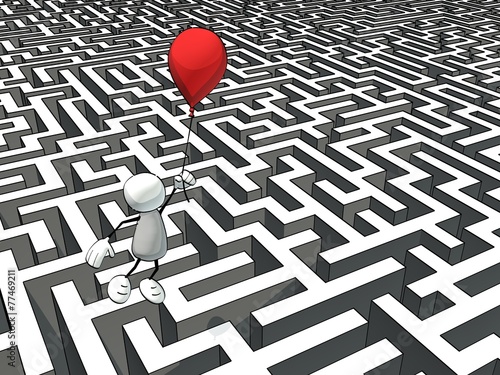 Fotografie, Obraz little sketchy man escaping a maze with a red balloon