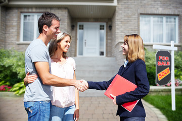 Poster - Family near new house.