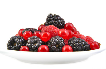 Wall Mural - Bunch of blackberries, red currants and raspberries on white