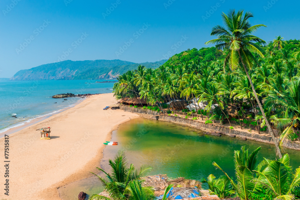 sandy beach in the beautiful resort location in Goa - obrazy, fototapety, plakaty 