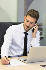 Wall Mural - Cheerful Businessman on mobile phone in office