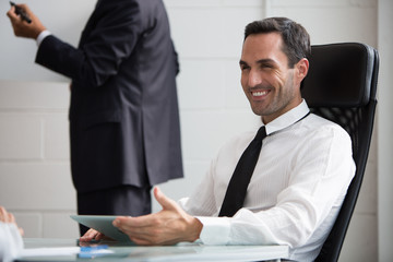 Two businesspeople during a meeting