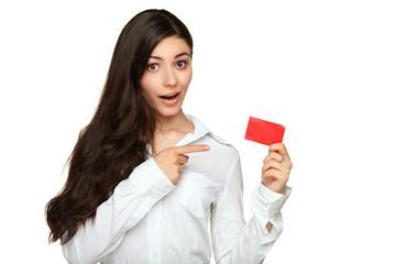 Young woman showing copy space on empty blank sign