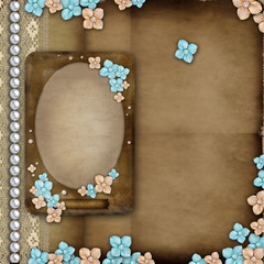 Wall Mural - Album cover with vintage frame, flowers, lace, pearls