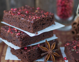 chocolate and pink pepper brownie cakes.  shallow depth of field