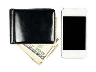 Smartphone lying near the purse with United States dollars, isol