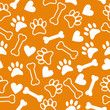 Seamless pattern with dog paw print, bone and hearts