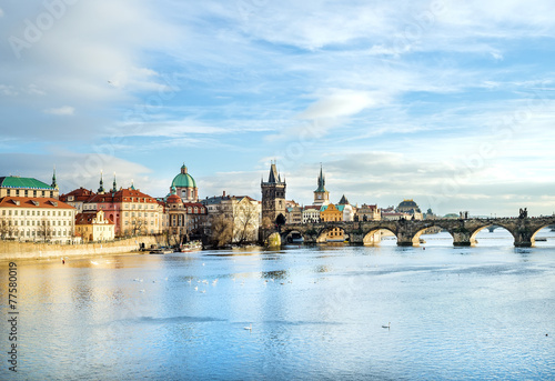 Fotografie, Obraz The view over the Vltava river, Charles bridge and white swans f