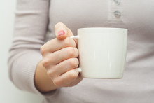 Woman Hands Holding White Cup Of Tea Or Coffe
