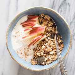 A Bowl of  Granola with Apple Slices, Yogurt and Cinnamon