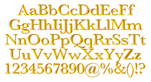 3D Gold Alphabet Letters And Digits On White Background