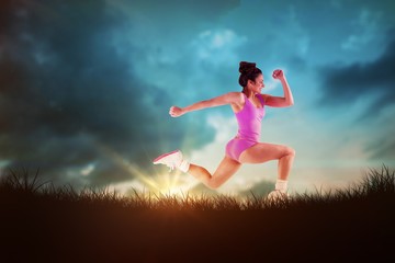 Aufkleber - Composite image of fit brunette running and jumping