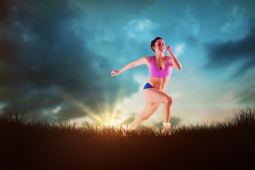 Aufkleber - Composite image of fit brunette running and jumping