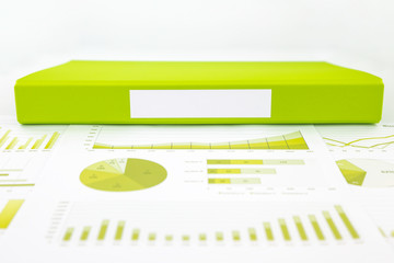 Blank green folder with analytic graph and educational reports