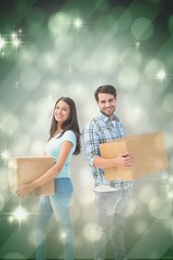 Poster - Composite image of happy young couple with moving boxes