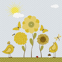 Cute Yellow Bird And Butterflies And Flowers