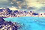 Fototapeta Morze - 3D rendered fantasy alien planet. Rocks and lake