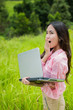 Asian woman in the forest holding a laptop surprise