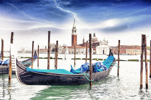 Naklejka - mata magnetyczna na lodówkę Gondola on background St. George Church in Venice