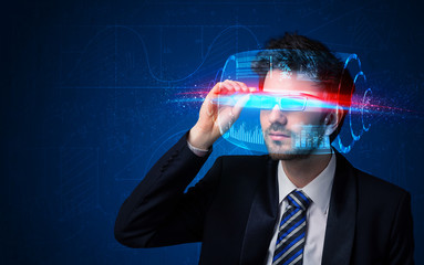 Man with future high tech smart glasses