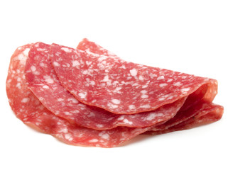 Wall Mural - Salami sausage slices isolated on white background cutout