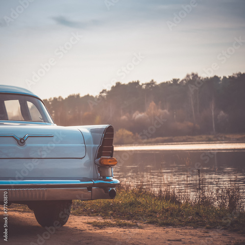 Tela Old retro or vintage car back side. Vintage effect processing