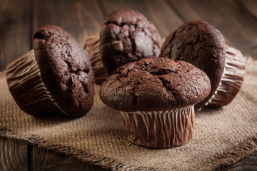 Chocolate cake muffins on a table