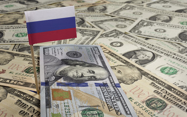 Flag of Russia sticking in various american banknotes.(series)