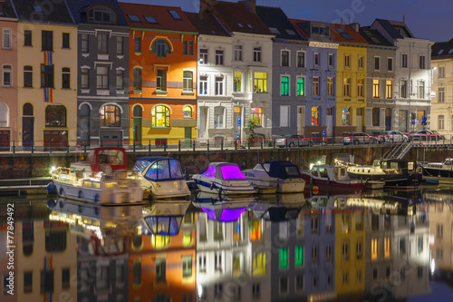 Embankment of the river Leie in Ghent town at night, Belgium