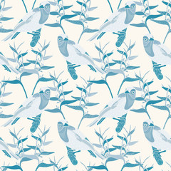 Wall Mural - Seamless floral pattern with birds