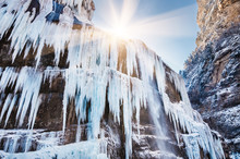 Icicles And A Jet Of Water On The Frozen Waterfall
