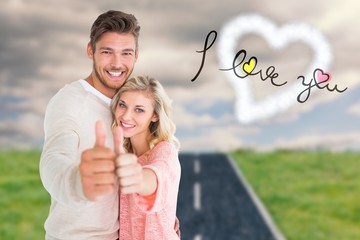 Poster - Composite image of attractive couple showing thumbs up to camera