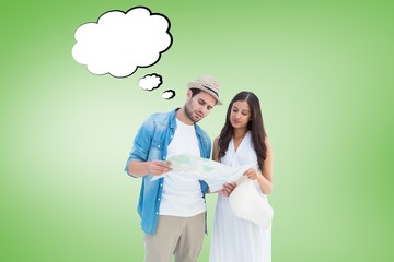 Poster - Composite image of lost hipster couple looking at map