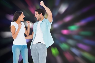 Poster - Composite image of happy casual couple cheering together