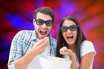 Poster - Composite image of attractive young couple watching a 3d movie