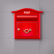 Red Mailbox Hanging On The Wall, Postal Horn.