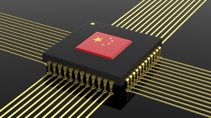 Wall Mural - Computer CPU with Chinese flag isolated on black background