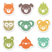 Set Of Colorful Animal And Bird Face Stickers