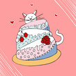 Funny cat with cake hand drawn vector illustration.