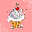 Funny cat with cupcake hand drawn vector illustration.