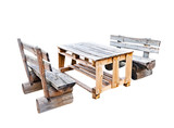Fototapeta  - Rough wooden table and two benches, isolated