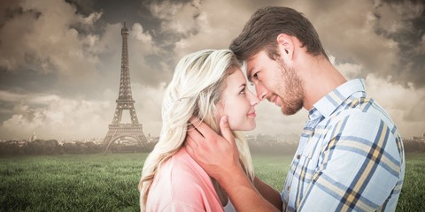Poster - Composite image of attractive couple smiling at each other