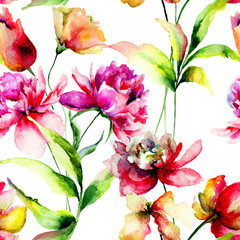 Poster - Seamless pattern with Tulip and Peony flowers