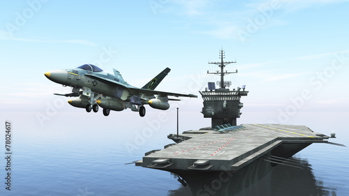 Nowoczesny obraz na płótnie Odrzutowiec startujący z lotniskowca na morzu