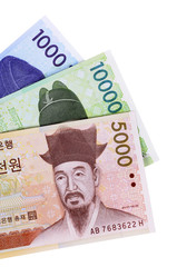 Wall Mural - Korean Won currency bills various fan shape isolated white background photo