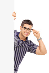 Sticker - Guy with glasses posing behind blank panel