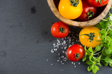 Wall Mural - Farm fresh tomatoes with fresh basil herb and rock salt