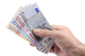 Wall Mural - Various selection of different euro currency money notes or bills in male hand isolated