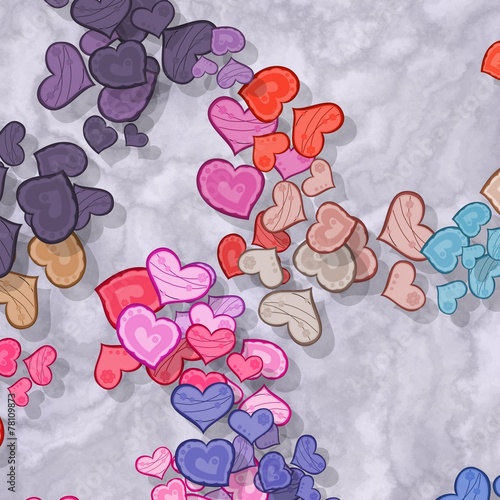 Fototapeta na wymiar Colored hearts scattered on patterned background