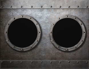 Wall Mural - submarine or old ship two portholes metal frames background